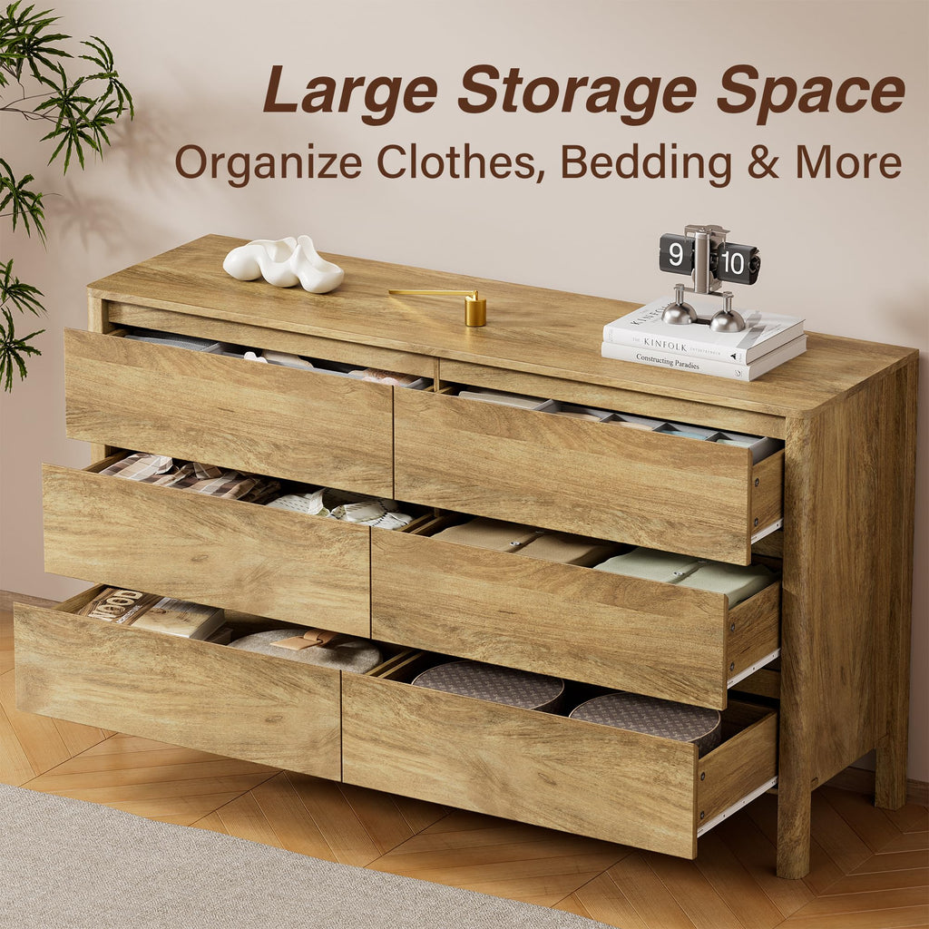 55.1" Wide 6 Drawer Wood Dresser with Legs, Natural Oak