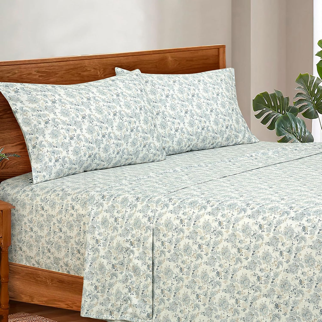 300 Thread Count 100% Long Staple Combed Cotton Sheet Set - 4 Piece Queen Bed Sheets - 1 Fitted, 1 Flat & 2 Pillow