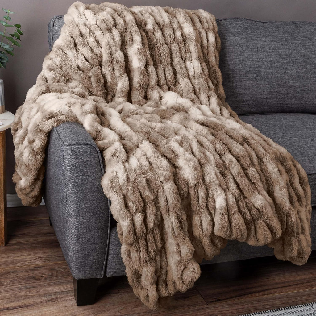 Oversized Ruched Faux Fur Blanket, Taupe, 60" x 80" | Plush Polyester Faux Fur Queen-Size Throw Blanket for Sofas and