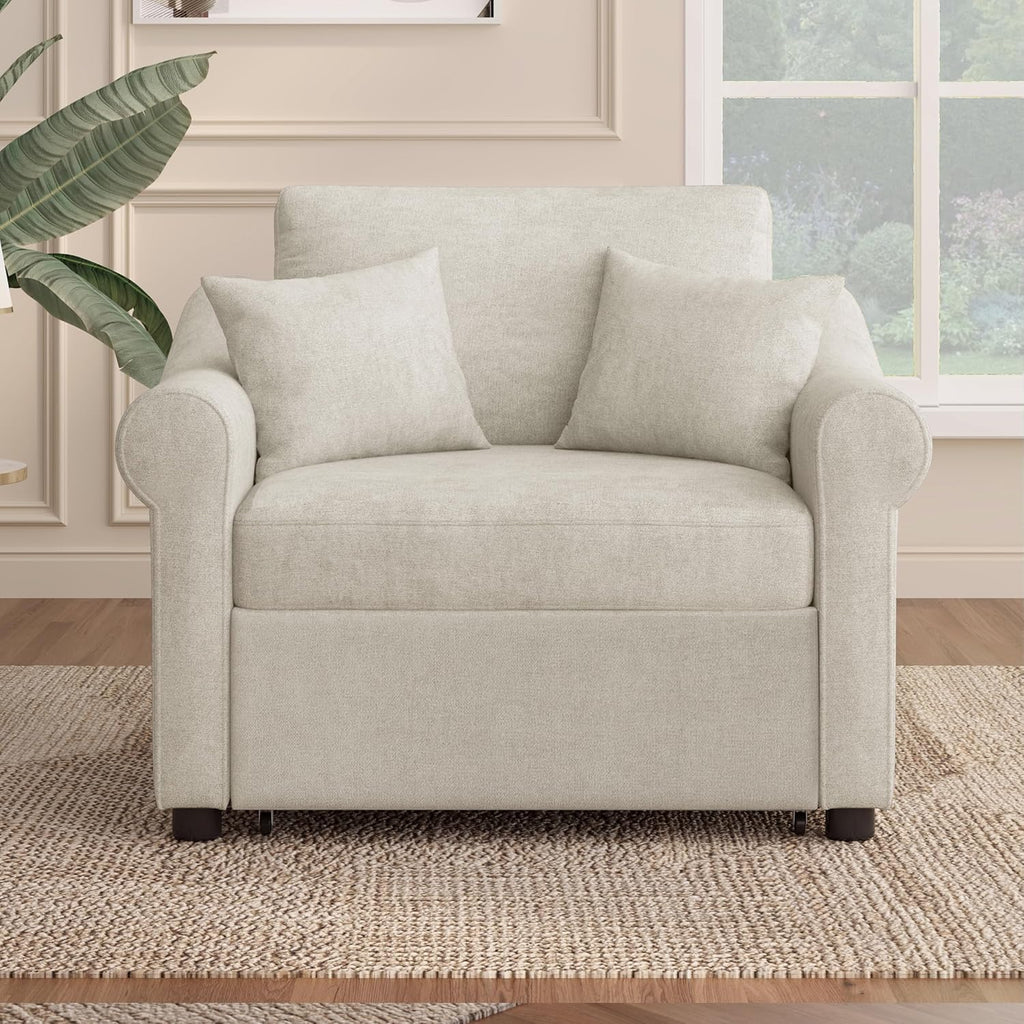 Convertible Sleeper Chair with Adjustable Backrest and Pillows, 3-in-1 Chenille Lounge Chair to Single Bed, Living