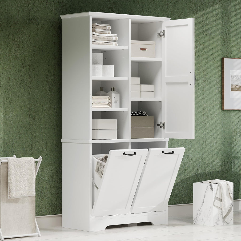Cabinet with Tilt-Out Laundry Hamper Basket, Tall Bathroom Storage Organizer Linen with Open Shelf, Freestanding