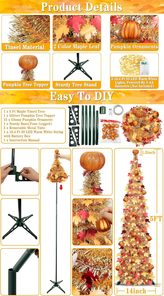 5 FT Fall Tree Fall Decor, Tinsel Maples Tree with 50 Warm White Lights