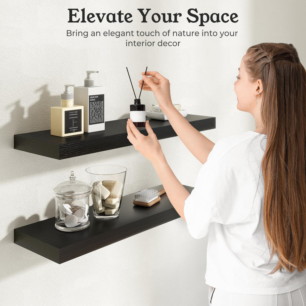 36" Black Floating Shelves Wood Wall Shelf, Black Color, Set of 2