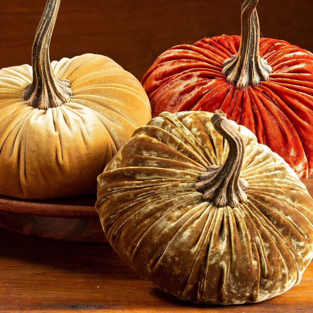 Set of 3 Velvet 6.25 Inch Pumpkins, classic orange pumpkin, Thanksgiving centerpiece, elegant luxe accent for the