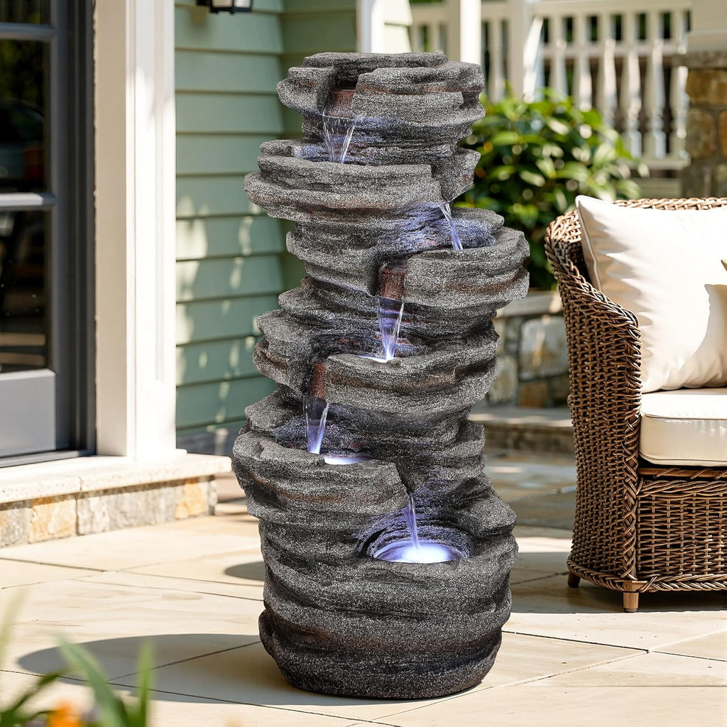 Extra-Large 6-Tier Outdoor Water Fountain with LED Lights, Cascading Rock Waterfall for Garden Patio Porch