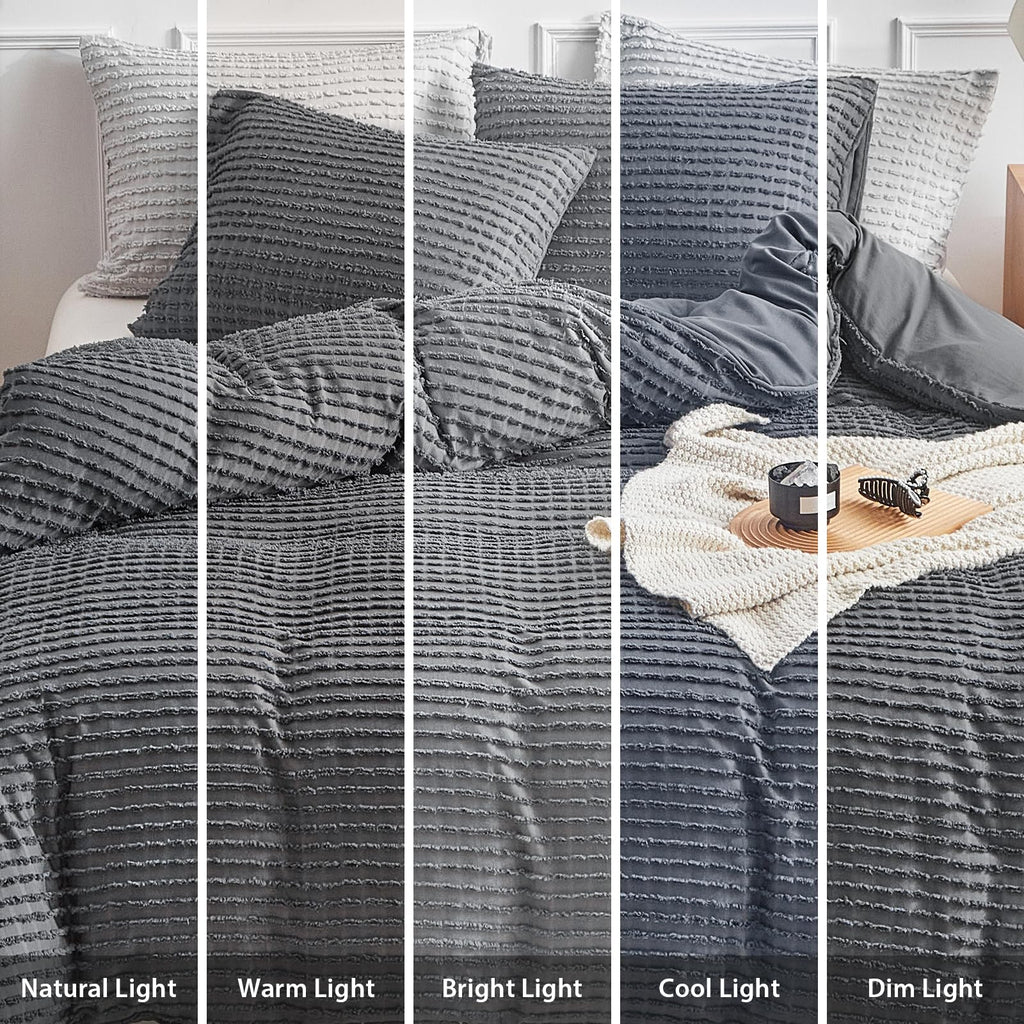 Dark Grey Boho Duvet Cover Set King Size, Tuft Texture, 3-Piece