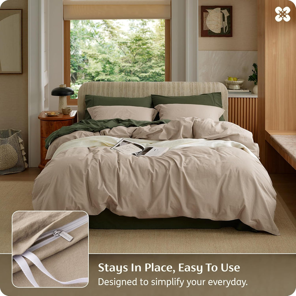 100% Washed Cotton Duvet Cover Queen - Frosted Almond Minimalist Bedding Set Linen Like - PureWoven Plain Simple &