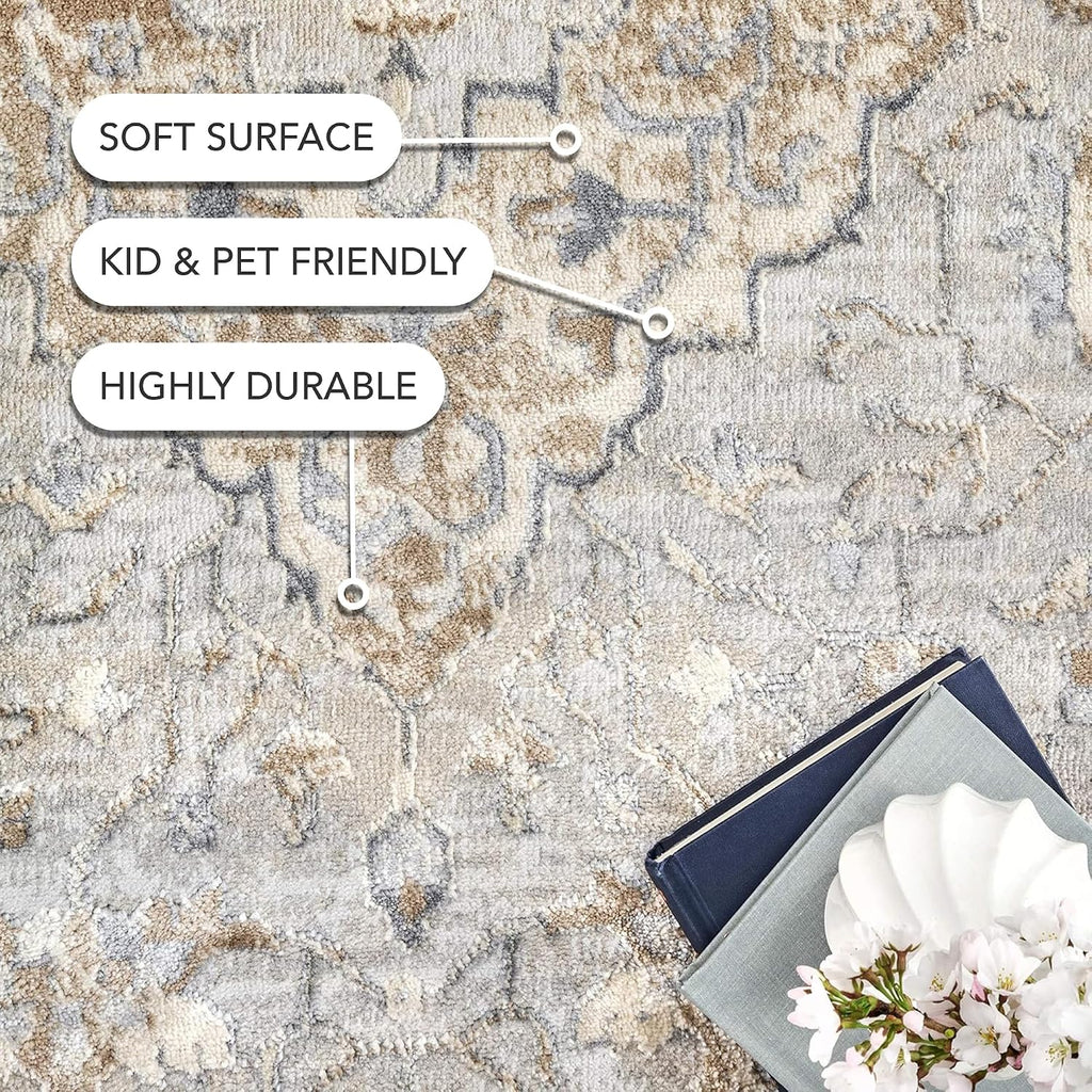 Thea Beige Medallion Power Loomed Area Rug