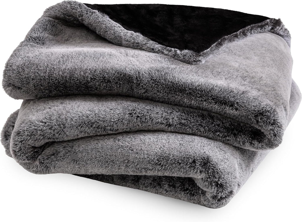 Faux Fur Blanket (Throw, Variegated Grey) | Ultra-Soft Luxurious, Cozy Warm Blanket for Couch, Sofa, Chair, Bed