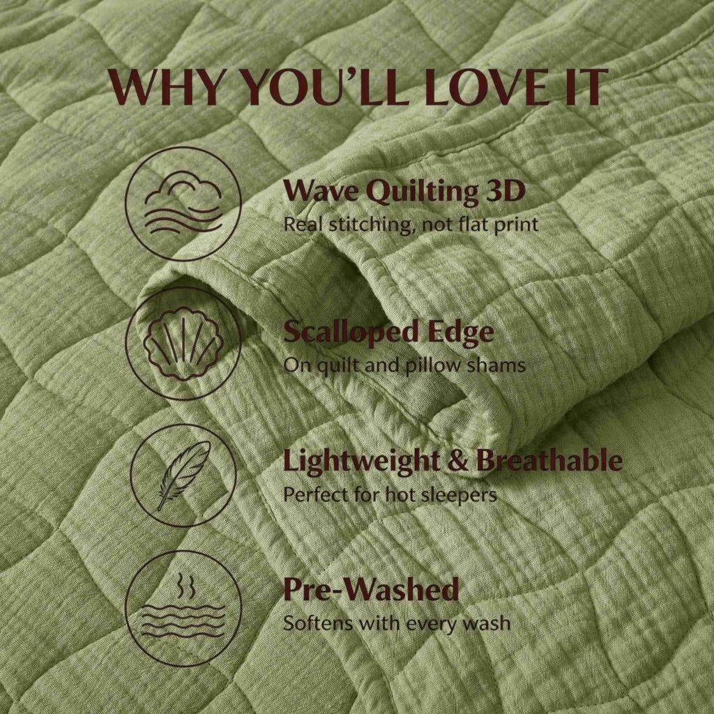 Scalloped Cotton Muslin Quilt Set, Lightweight Mint Green