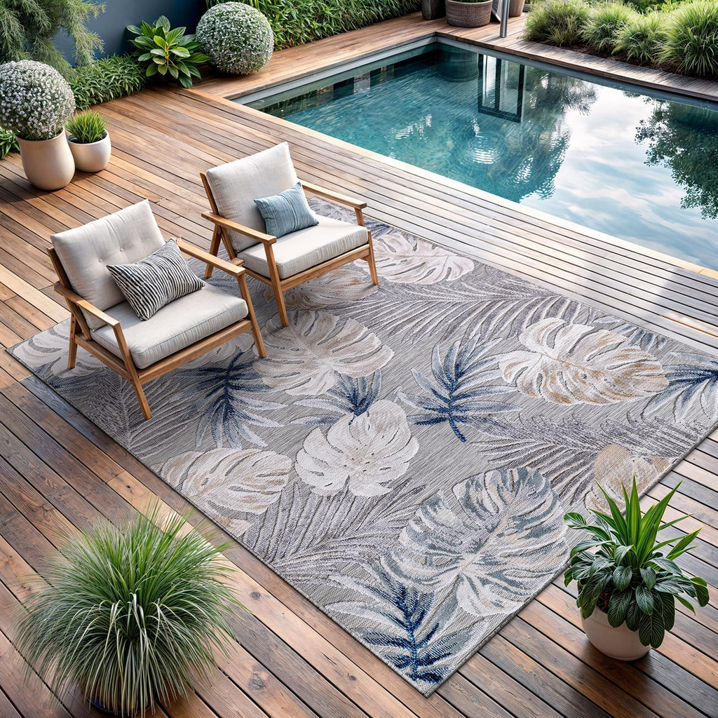 Indoor Outdoor Rug, Blue 5x7 Leaf Tropical Botanical Area Rugs