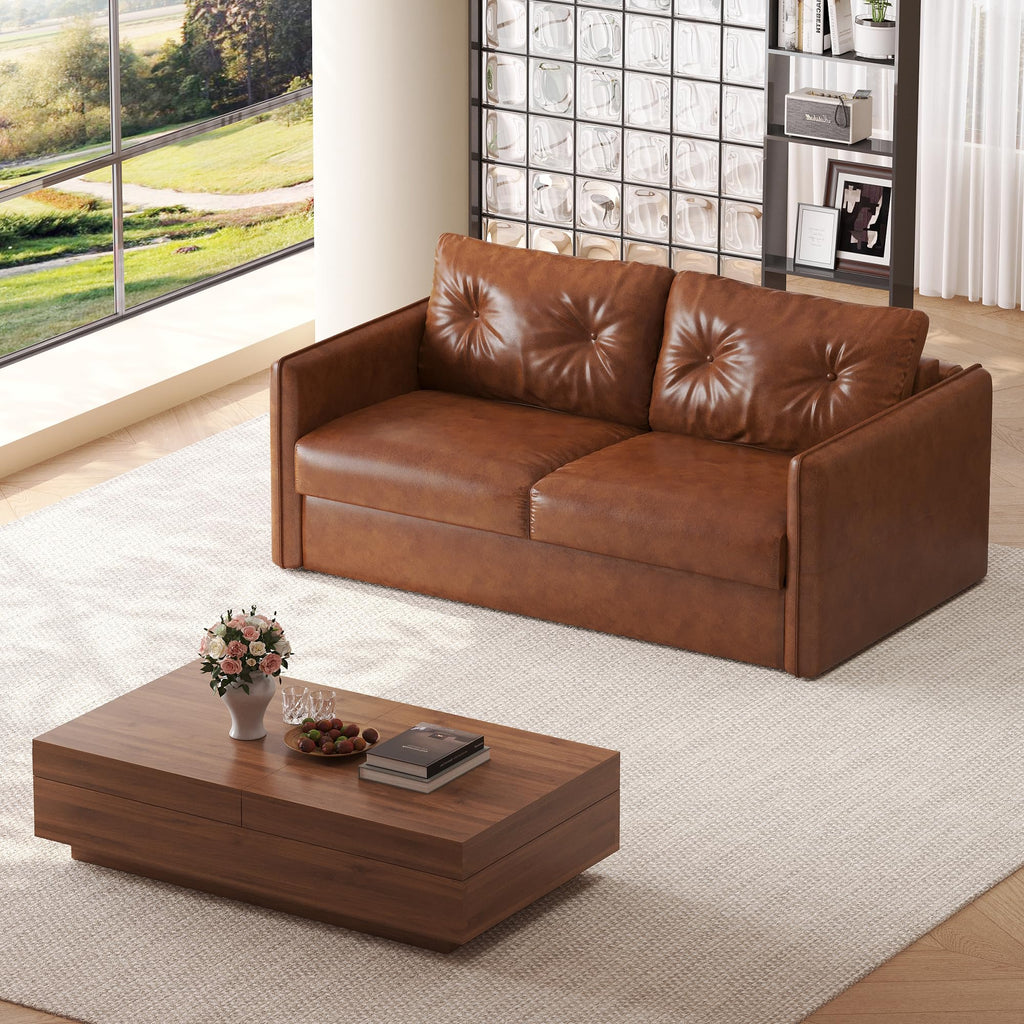 63" Apartment Size Convertible Leather Sleeper Sofa Bed, Brown