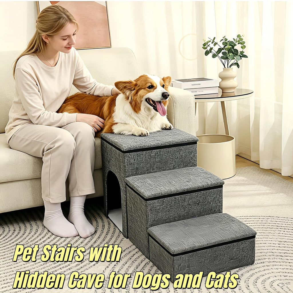Foldable 3-Step Pet Stairs with Storage & Cat House, Non-Slip Dog Steps Ramp, Sturdy Pet Ladder for Couch, Bed, Ideal