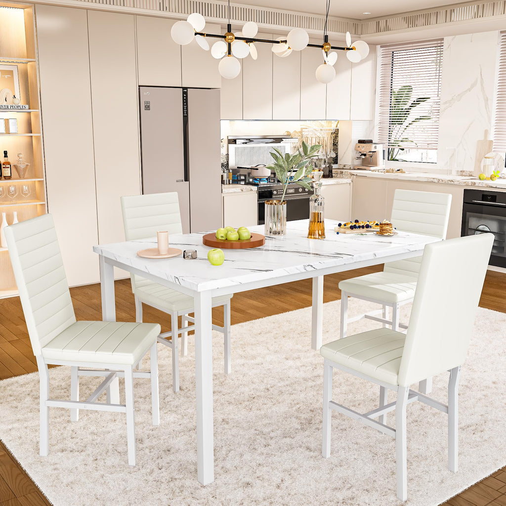 Dining Table Set for 4, 5-Piece Faux Marble Dinner Table Set with 4 Upholstered PU Leather Chairs Kitchen Table