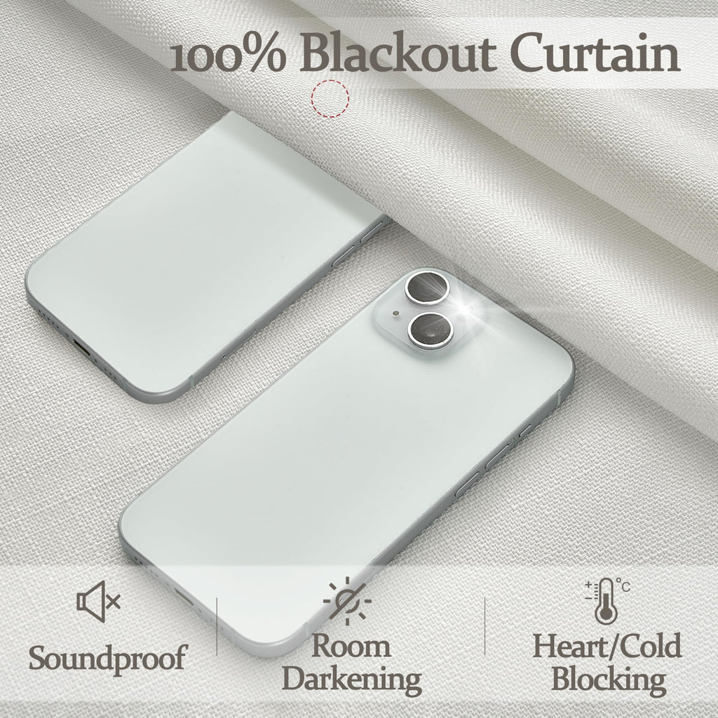 Natural Linen Blackout 104 Inch Extra Long Curtains for Laundry Room, Beige White Memory Shape Pinch Pleat Rustic