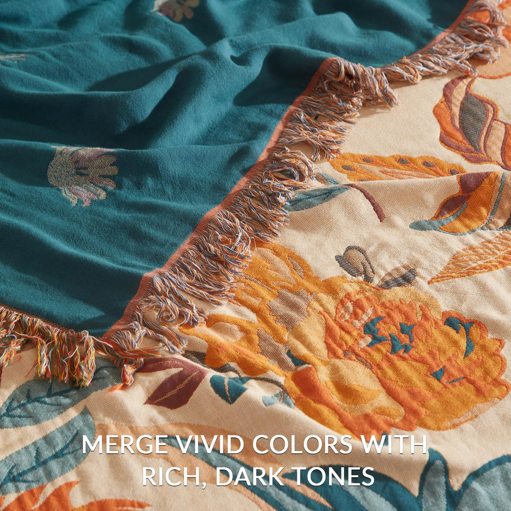 Boho Throw Blanket, 100% Cotton, Woven Floral Pattern, 50"x60"