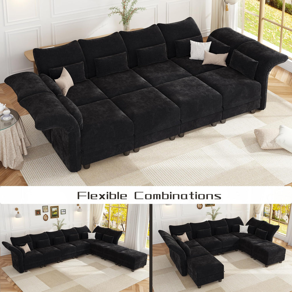 8 Seater Sectional Couches with Hidden Storage, Adjustable Armrest, Black Chenille Modular Sectional Sofa with Plush