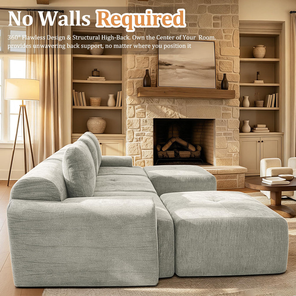 196" U Shaped Oversized Boneless Couch, Comfort Cloud Sectional Couches, Modular Sofa High Back & Extra Deep Seat