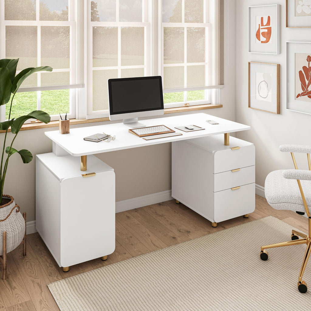 57"W Computer Desk w/ 3 Drawers & Storage Cabinet, White/Gold