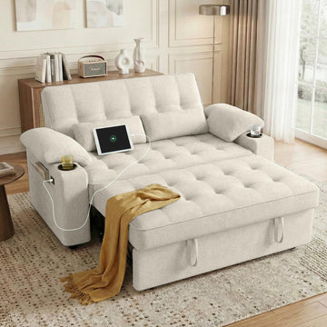 58'' Convertible Sofa Bed with USB Charger and Cup Holders, Teddy Fabric Loveseat Pull Out Couch with Adjustable
