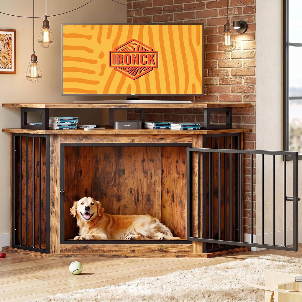 Large Corner Dog Crate Furniture with 2-Tier Storage Shelves