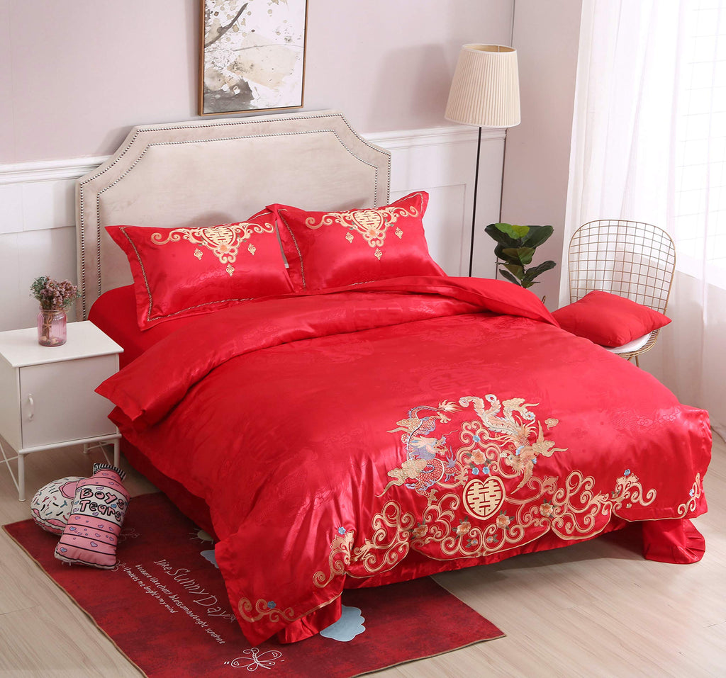 Chinese Wedding Bedding Set Queen 4Pcs - Red Satin Sheets with Dragon & Phoenix Embroidery, 100% Cotton Satin, Duvet