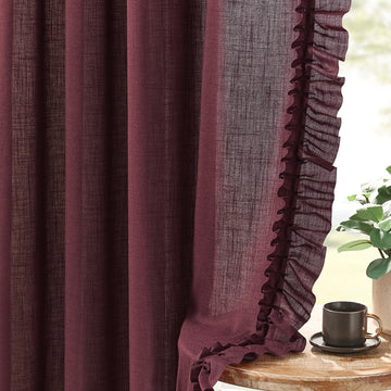 Burgundy Ruffle Linen Curtains 72 Inch Length, 2 Panels, W58 x L72 In, Linen Textured Boho Farmhouse Ruffled Curtains