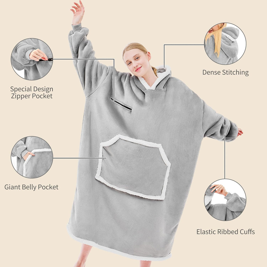 Oversized Sherpa Wearable Blanket Hoodie for Adult with Eye Mask,Grey | Soft Flannel Sweatshirt Hooded Blankets