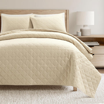 Haniya Solid Waffle Woven Textured Cotton Quilt Set, 3 Piece Set, Neutral - Soft Waffle Quilt - Neutral