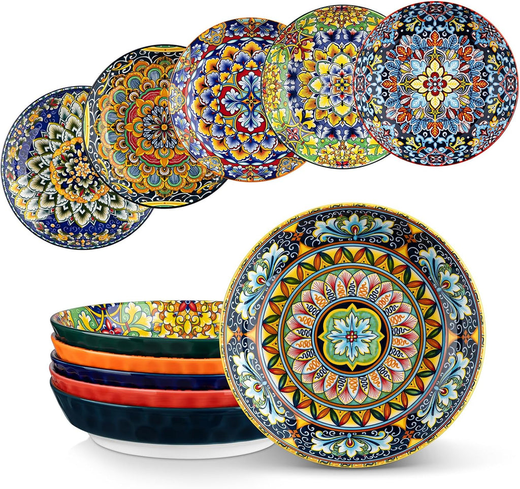 32 Oz Pasta Bowls Set of 6, Ceramic Bohemian Soup Salad Bowls | Dishwasher and Microwave Safe Ceramic, Large 11.5
