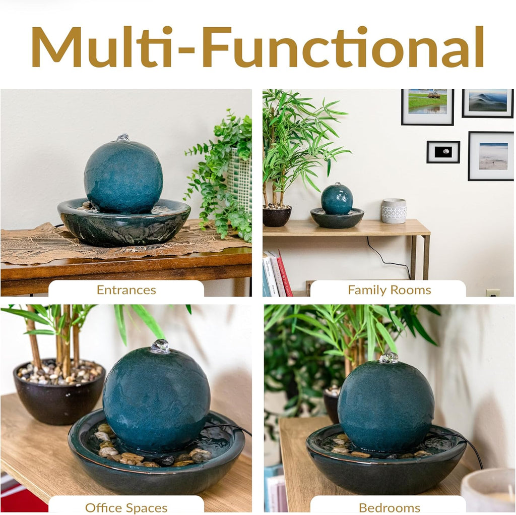 Tabletop Ceramic Tabletop Fountain with Orb - Relaxing Indoor Fountain for Meditation - Teal
