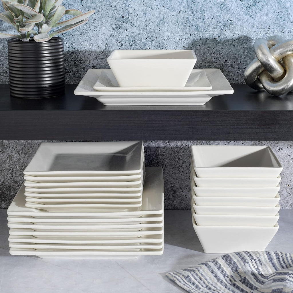 Zen Buffet Hard Square Porcelain Chip and Scratch Resistant Dinnerware Set, White, Service for 8 (24pcs)