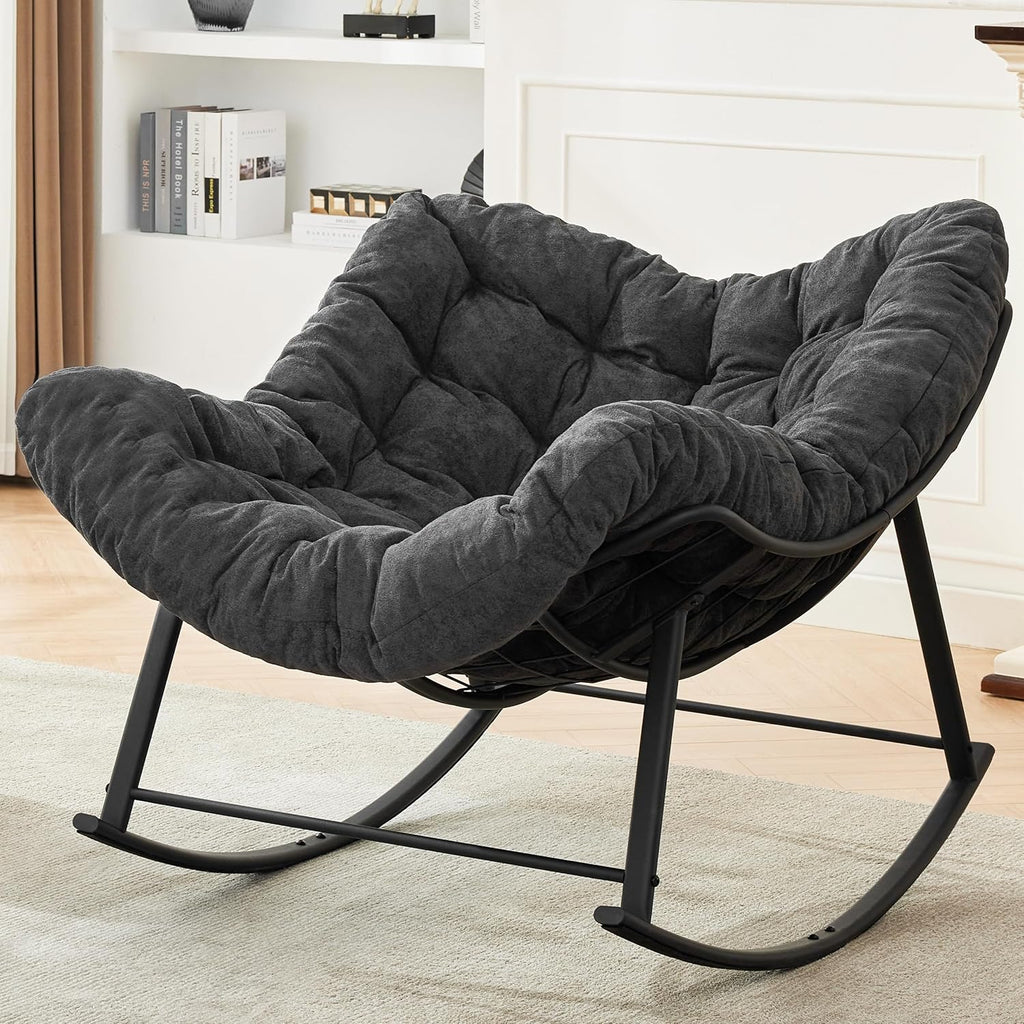 Oversized Papasan Rocking Chair with Cushion, Indoor Outdoor, Dark Grey | Lounge Chair with Cushion, Patio Egg Rocker