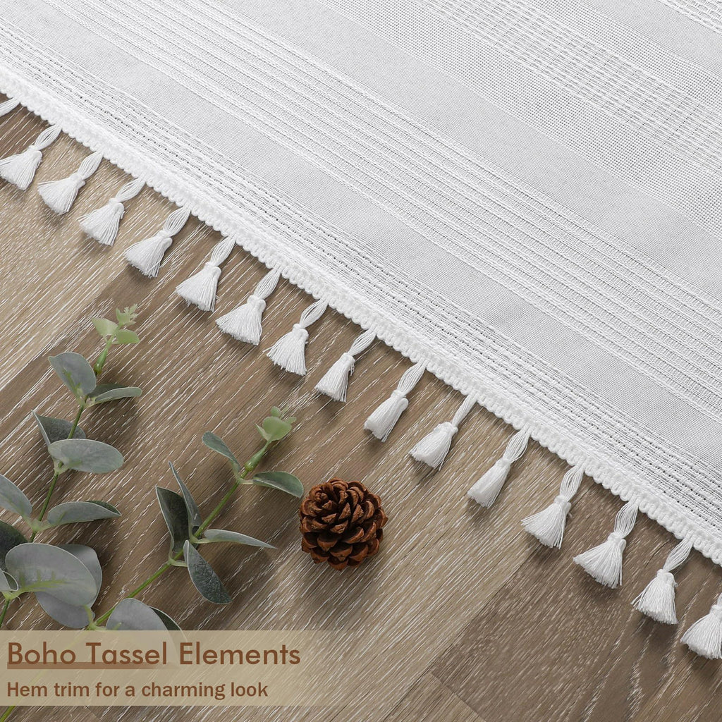 White Shower Curtain 78 Inch Long, Boho Farmhouse Thick Striped Fabric Hotel Shower Curtain with Tassel, Minimalist