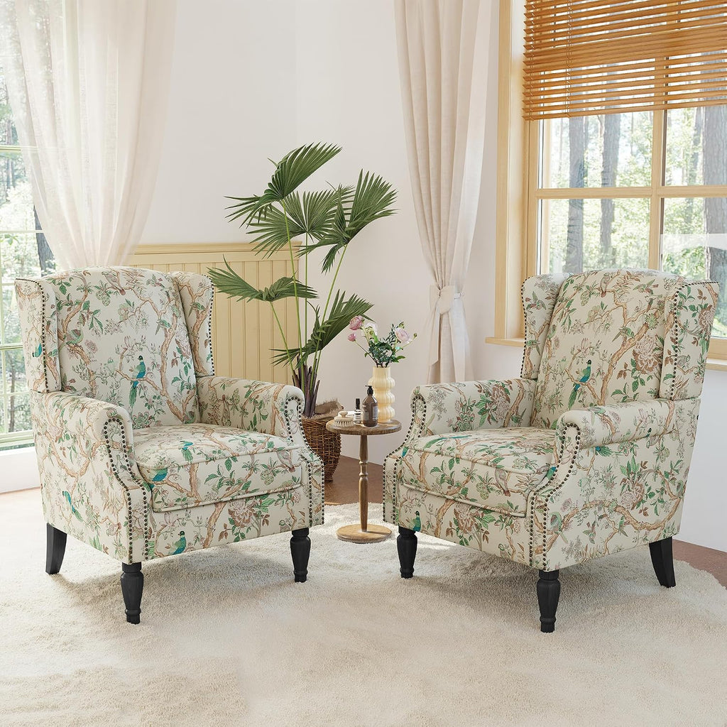 Wingback Chairs Set of 2, High Back Floral Accent Chair in Fabric, Comfy Upholstered Armchair with Nailhead Trim