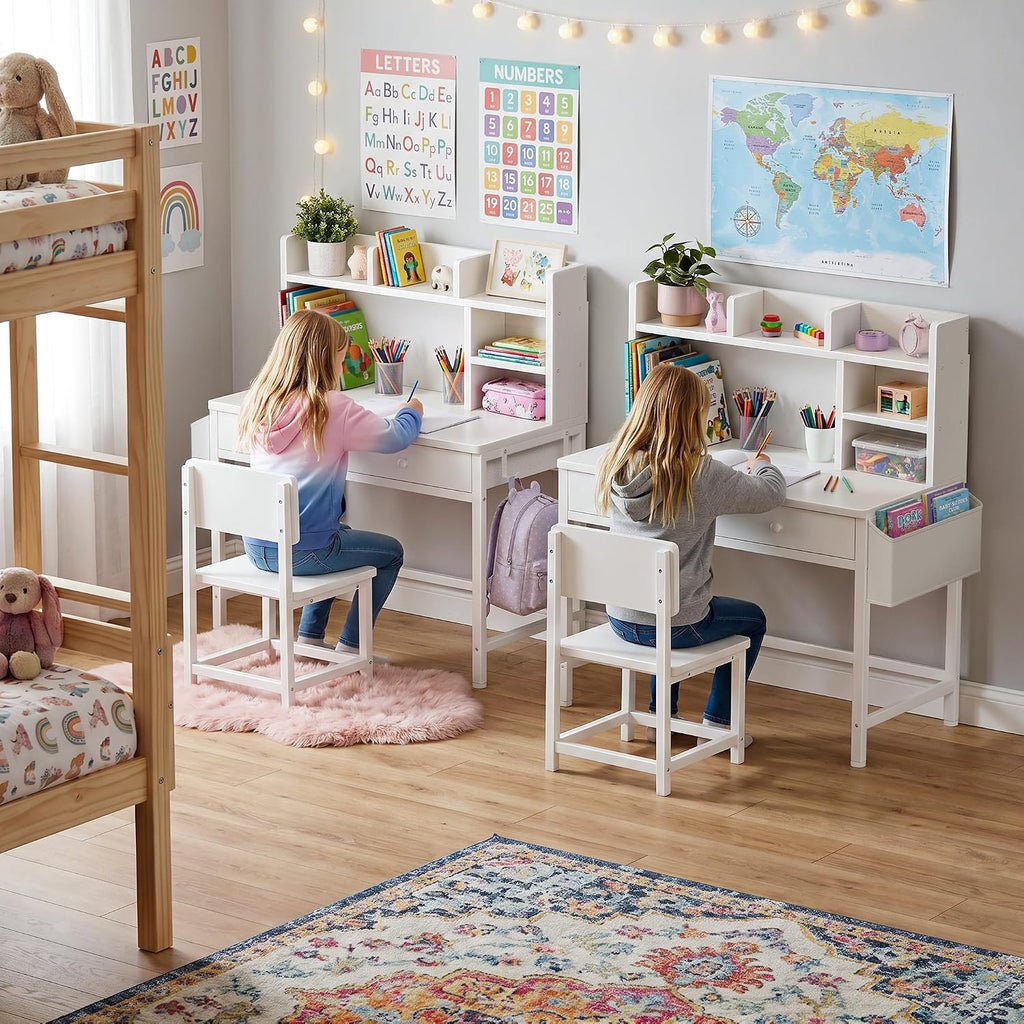 White Kids Desk with Hutch for Kids Desk and Chair Set 10-12 Year Old, Children Study Desk with Fabric Drawer Storage