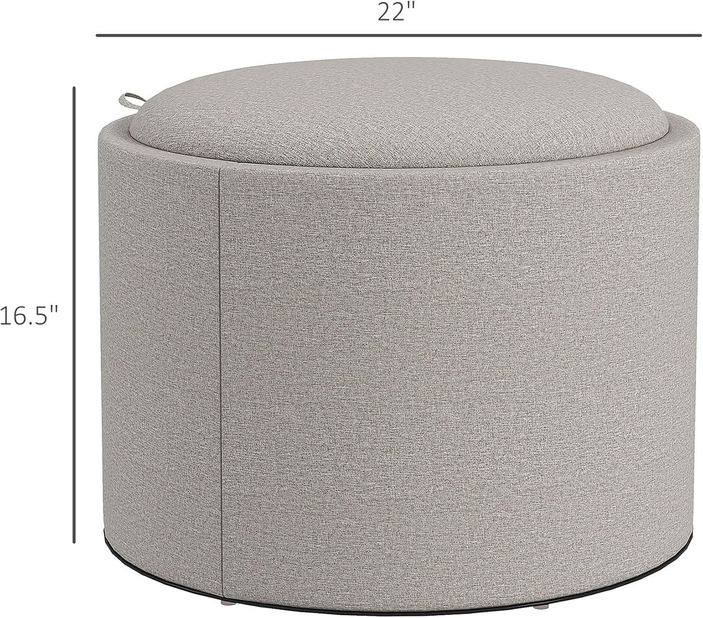 Round Storage Ottoman with Flip Top Tray, Footstool, Light Gray | Upholstered Fabric, Small Coffee Table, Hidden