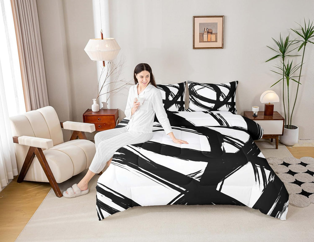 Erosebridal Black and White Abstarct Queen Comforter Set for Adult Women Men