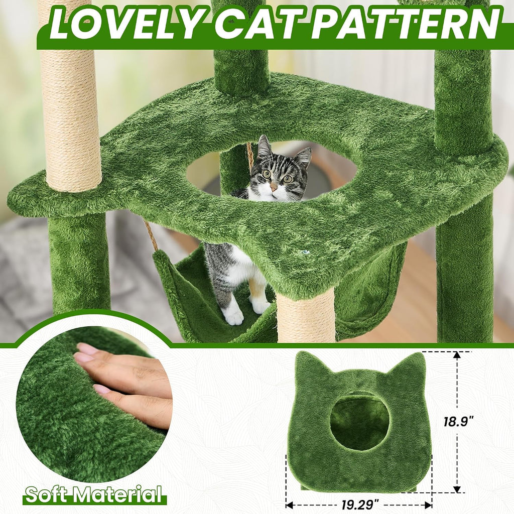 55 Inch Large Cat Tree Tower for Indoor Cats with Hammock Green Leaves Sisal Scratching Post, Plush Hang Ball Play