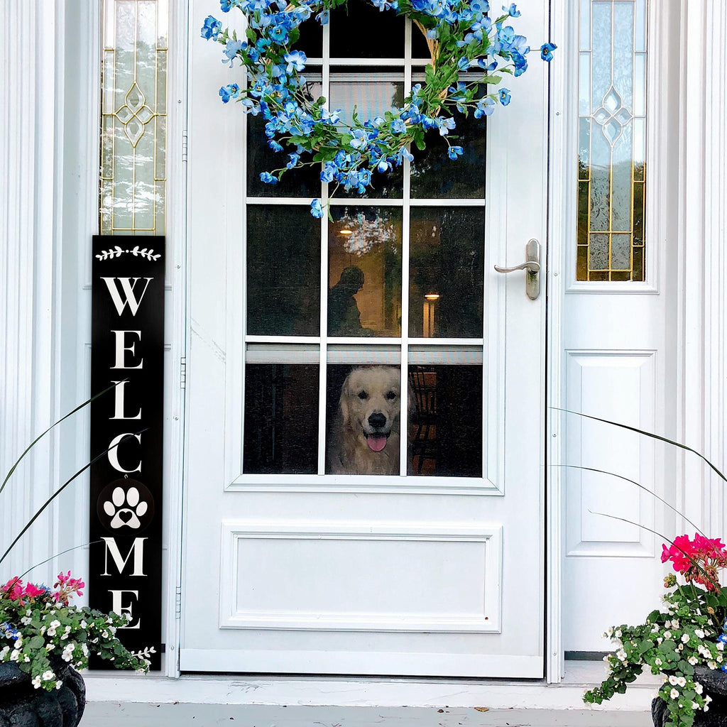 Welcome Sign for Front Porch Standing, Interchangeable Wooden Sign with 5 Designed Double-Sided Icons for Front Door