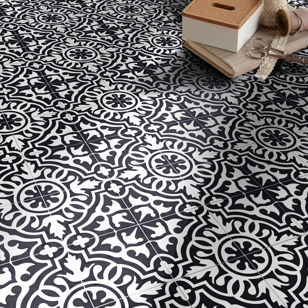 Handmade Cement Tile, 8x8-in, Black and White, Pack of 12