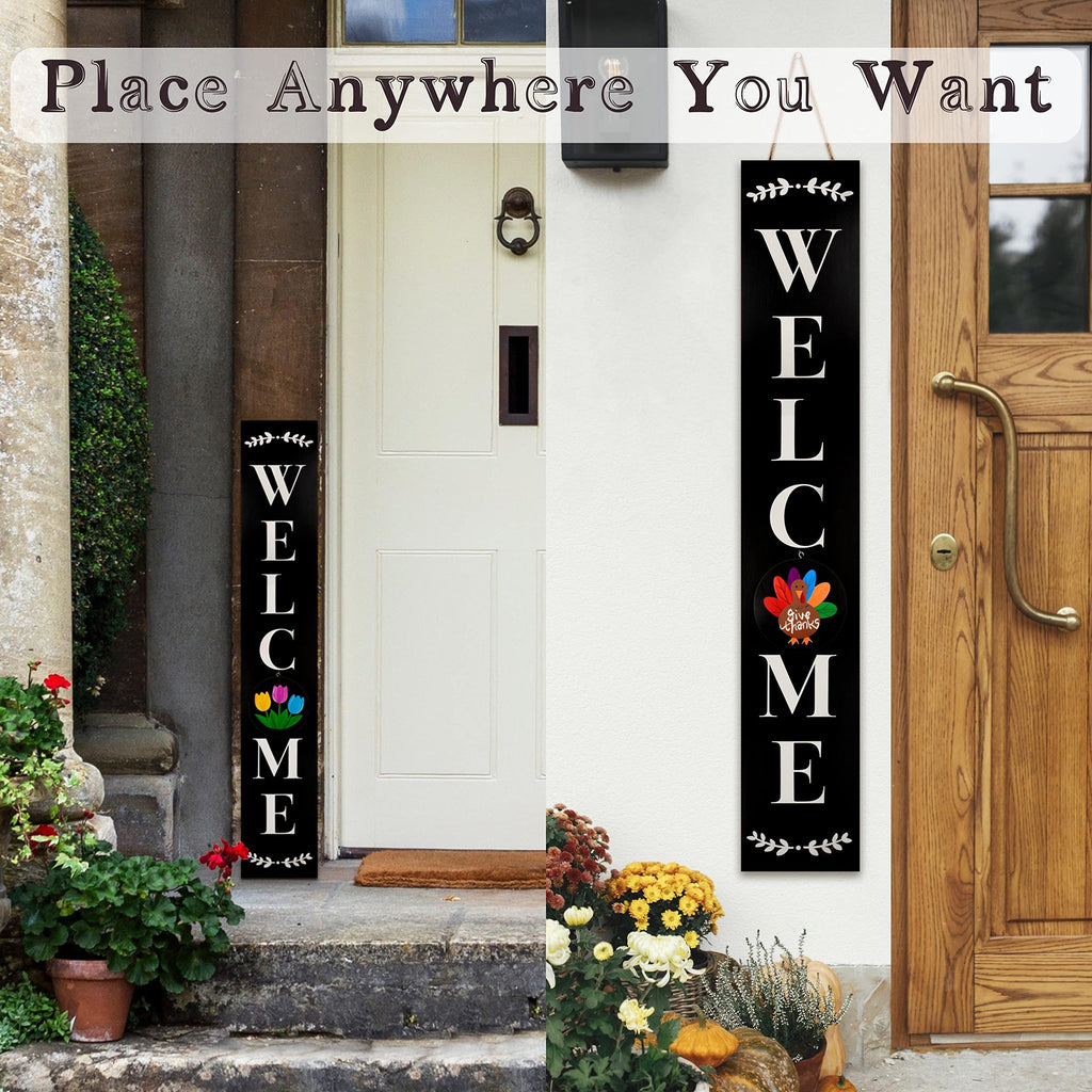 Welcome Sign for Front Porch Standing, Interchangeable Wooden Sign with 5 Designed Double-Sided Icons for Front Door