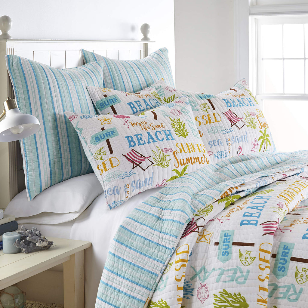 By - Beach Days Quilt Set - King Quilt (106x92in.) + Two King Pillow Shams (36x20in.) - Coastal Beach - Teal Blue