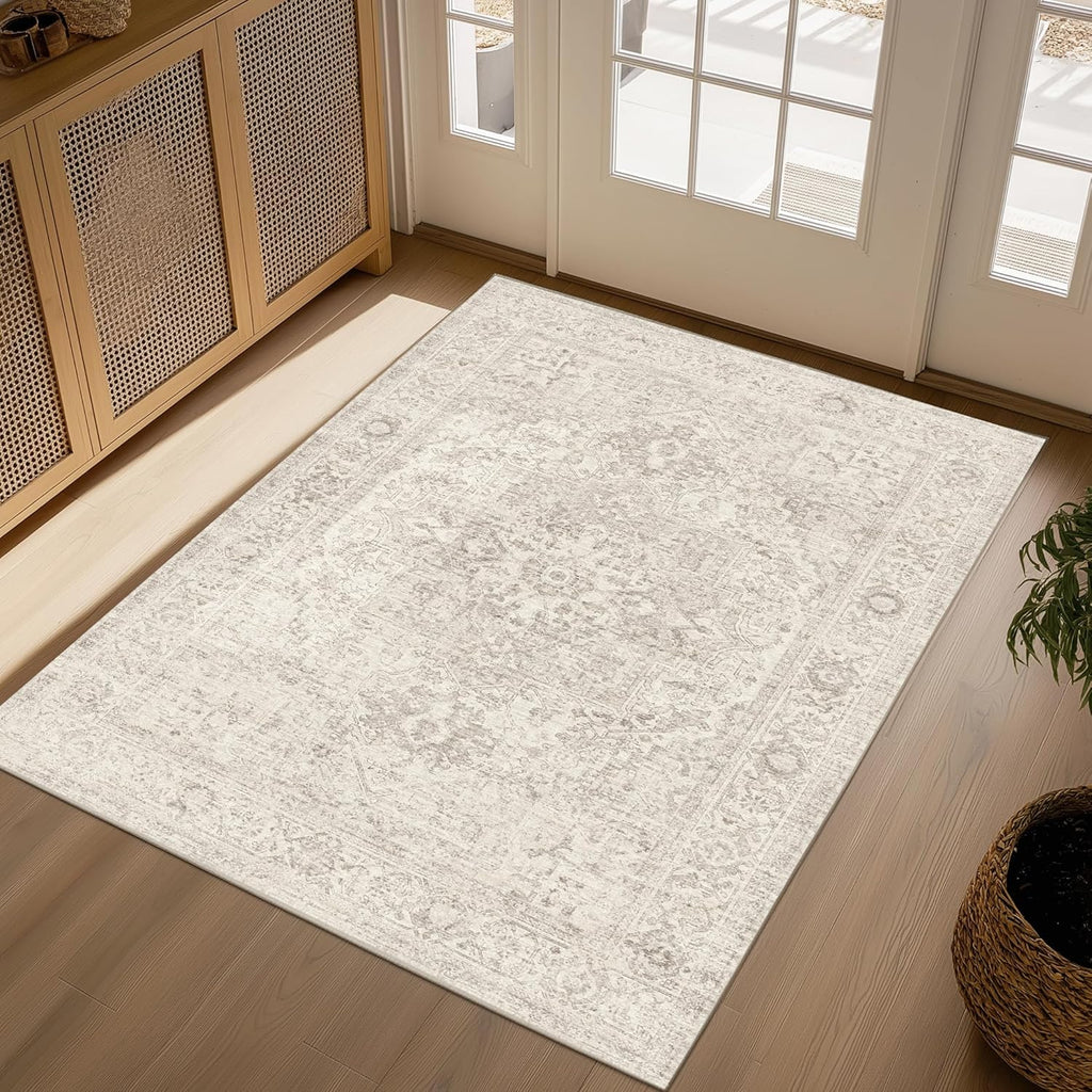 3x5 Washable Area Rug Beige Vintage Neutral Distressed Non Slip Low Pile Traditional Retro Indoor Ca