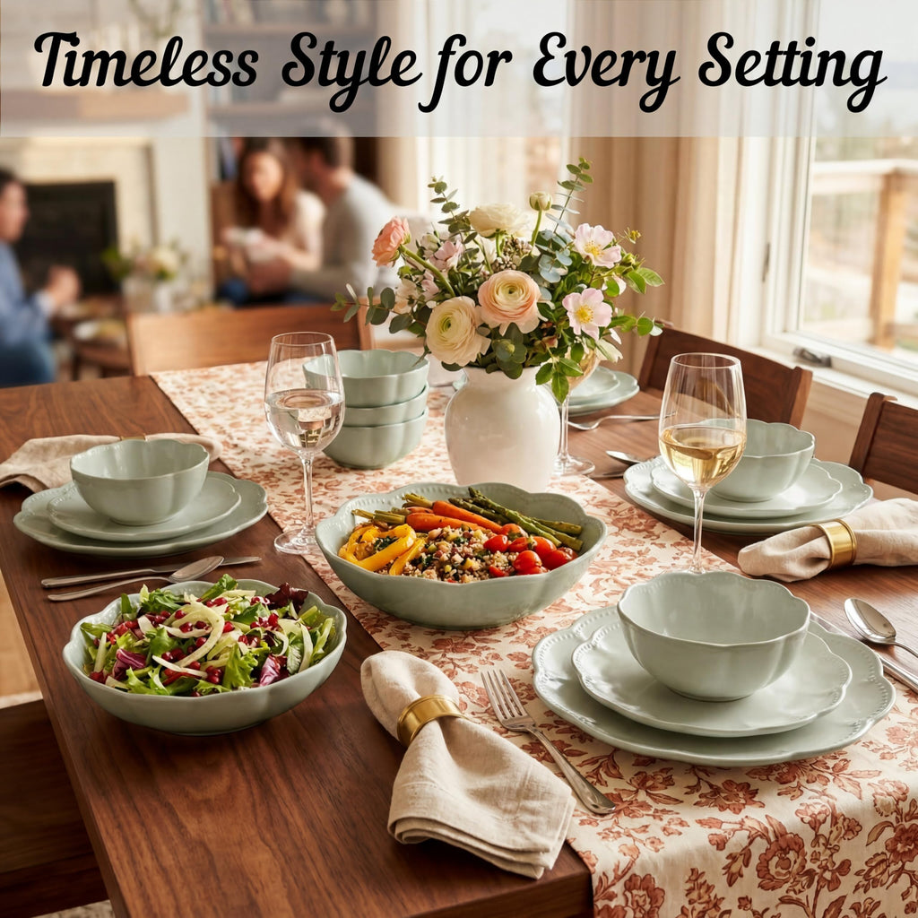 12 Pieces Scalloped Dinnerware Set, Sage Green Dishes for 4, Premium Serving Plates & Bowls Sets, Chip Resistant