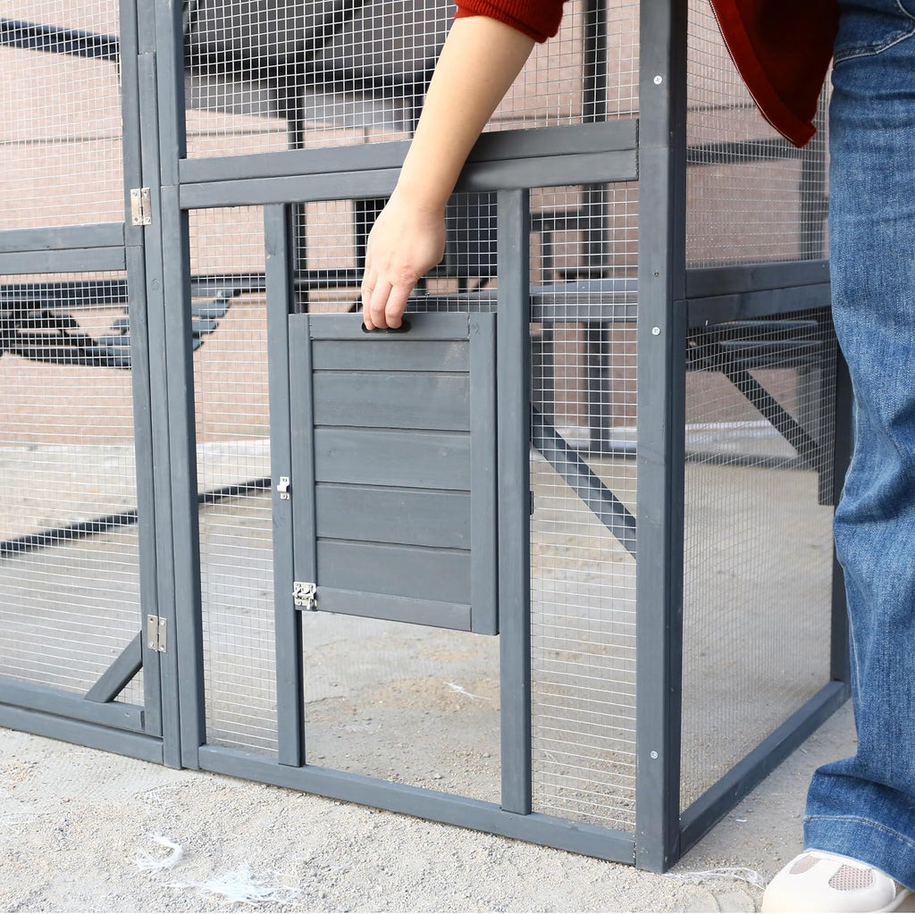 Wood Frame Outdoor Cat Run with Mesh, 2 Houses, 7 Walks & Sliding Locks