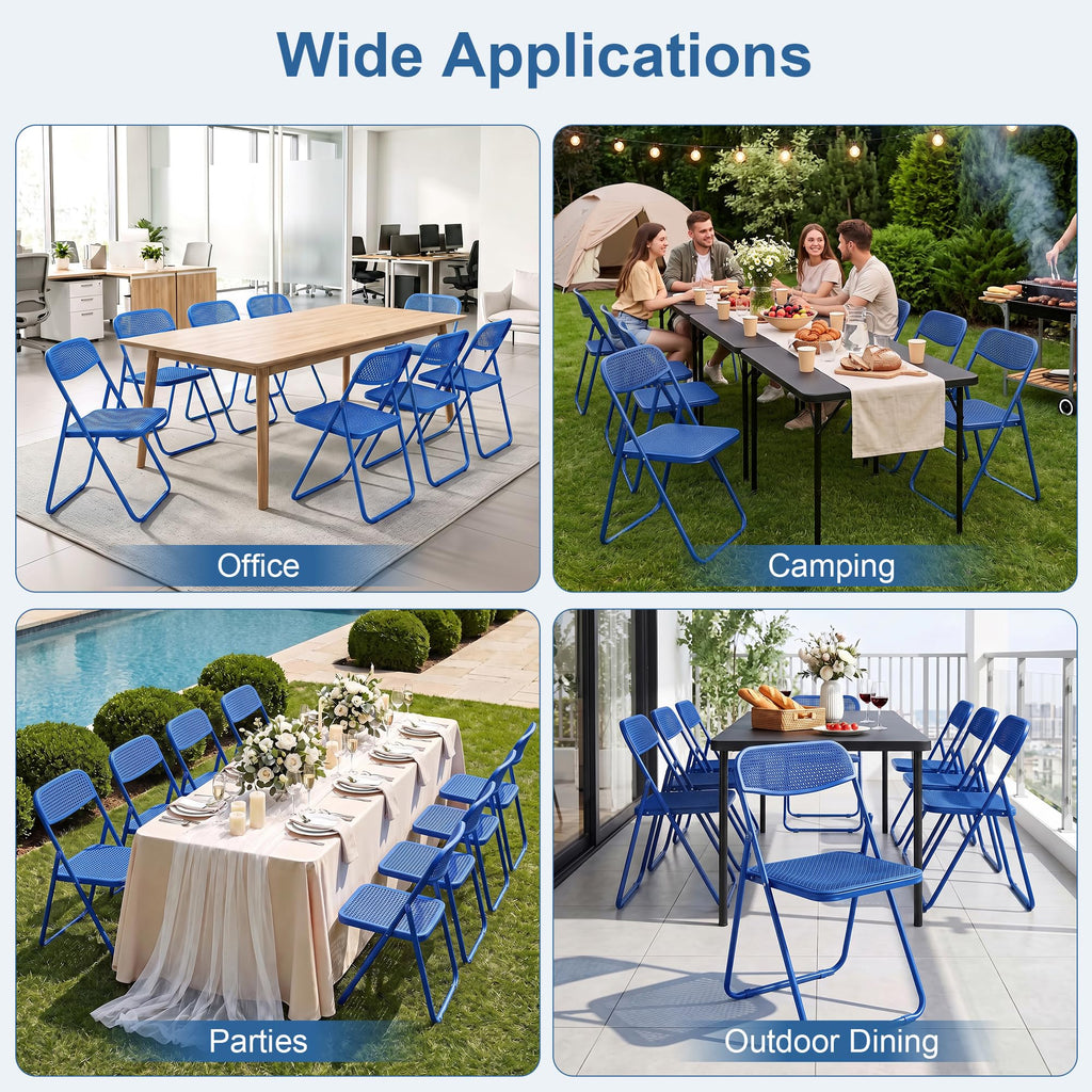 Plastic Folding Chairs 8 Pack, Metal Frame for Indoor/Outdoor, Blue