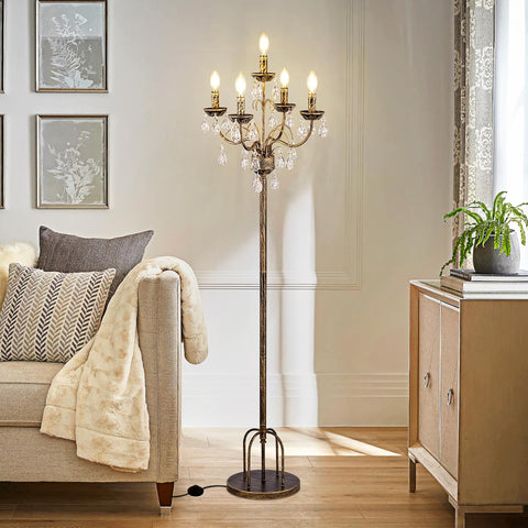 Bronze Crystal Floor Lamp, 5 Lights Vintage Farmhouse Standing Corner Lamp with Foot Switch, 65" Tal