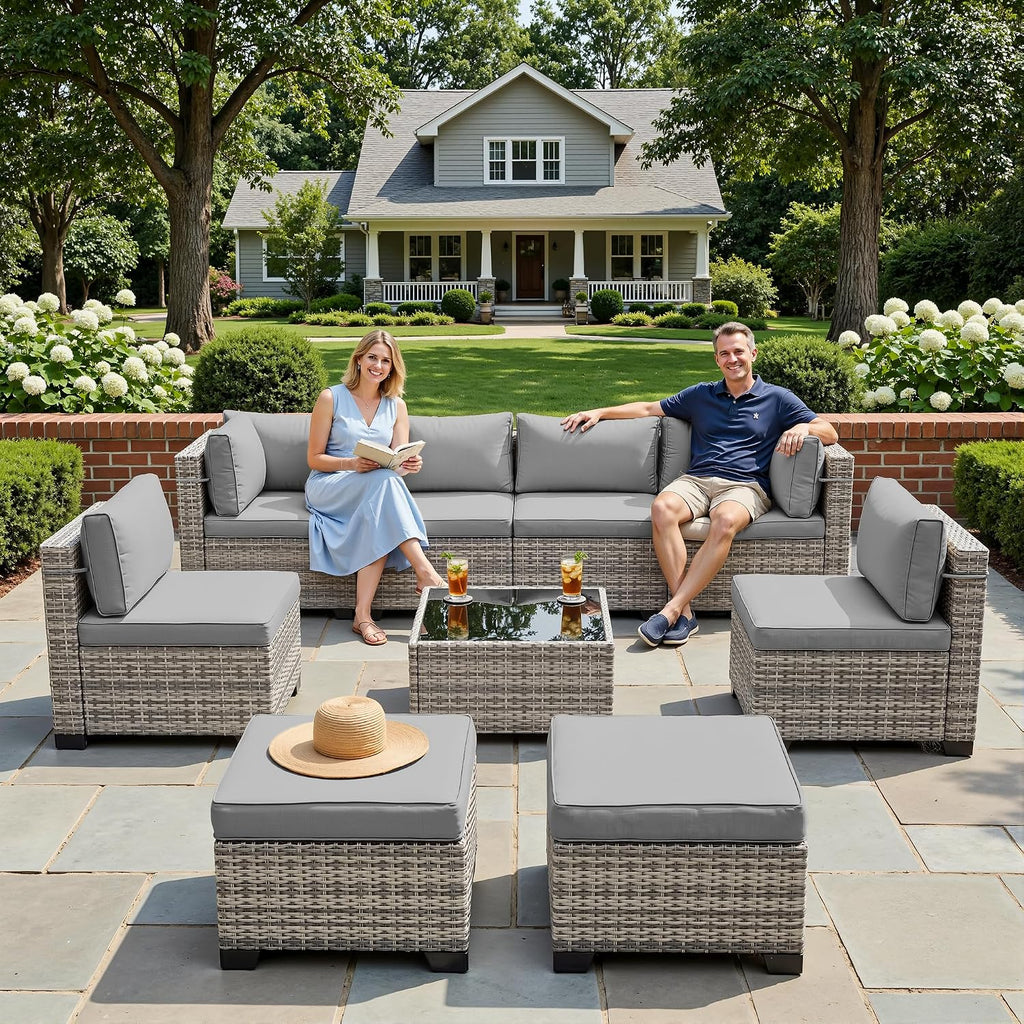 Outdoor PE Wicker Rattan Modular Patio Sectional Sofa Set | 9-Piece: 6 Modular Seats, Coffee Table & 2 Ottomans, Grey