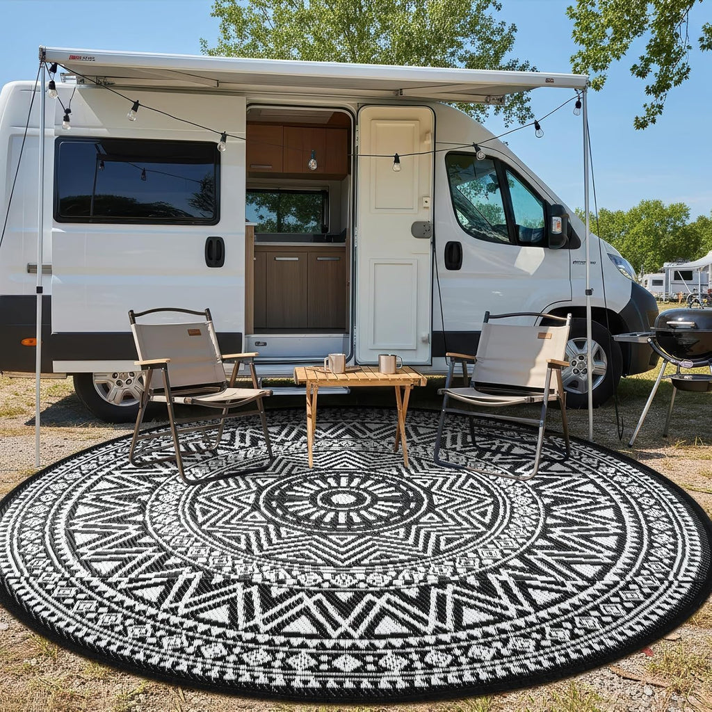 Outdoor Rug Waterproof 5ft Round, Reversible Boho Plastic Straw Patio Camping Area Rugs, Portable Indoor Outdoor RV